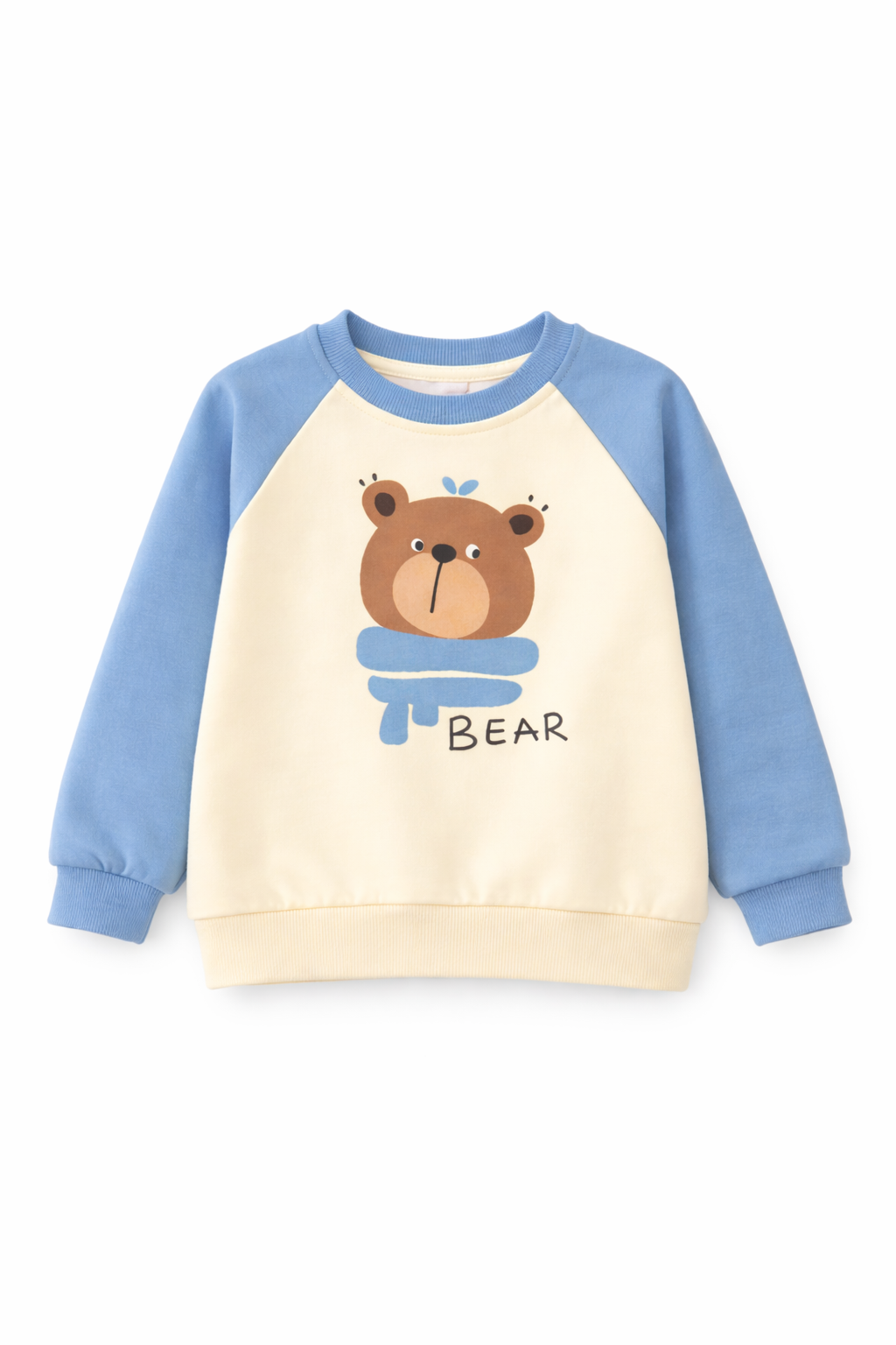 Kids Bear Print Crewneck Sweatshirt – Blue & Cream Raglan Long Sleeve