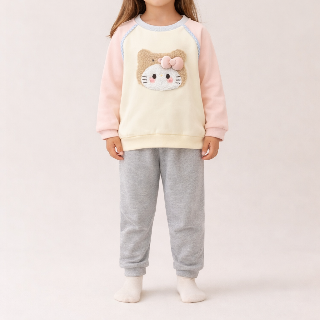 Kids 3D Fuzzy Kitty Face Sweatshirt – Pink Sleeves, Cream Body