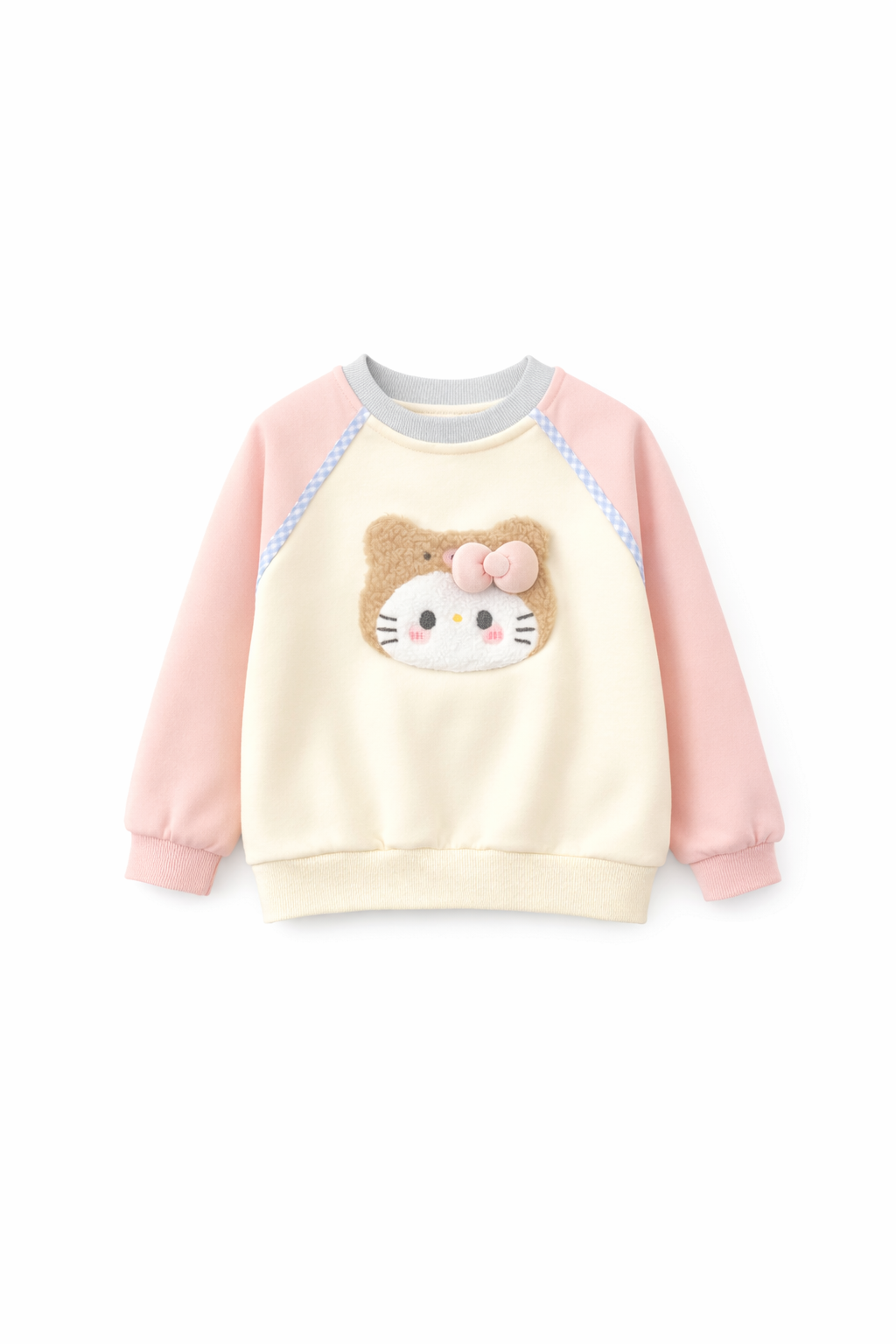 Kids 3D Fuzzy Kitty Face Sweatshirt – Pink Sleeves, Cream Body