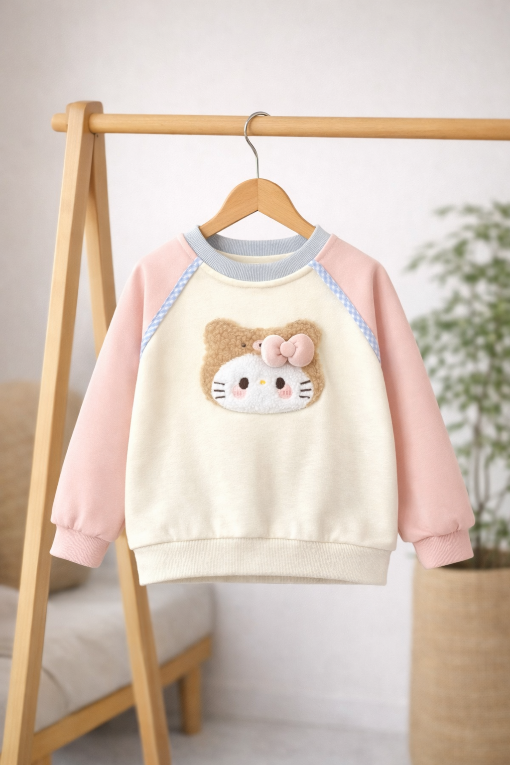Kids 3D Fuzzy Kitty Face Sweatshirt – Pink Sleeves, Cream Body