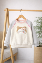 Kids 3D Fuzzy Kitty Face Sweatshirt – Grey Sleeves, Cream Body