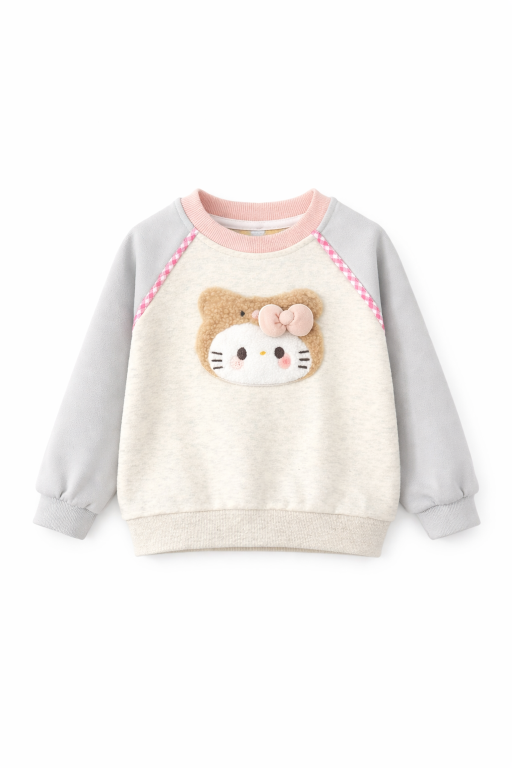 Kids 3D Fuzzy Kitty Face Sweatshirt – Grey Sleeves, Cream Body