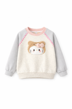 Kids 3D Fuzzy Kitty Face Sweatshirt – Grey Sleeves, Cream Body