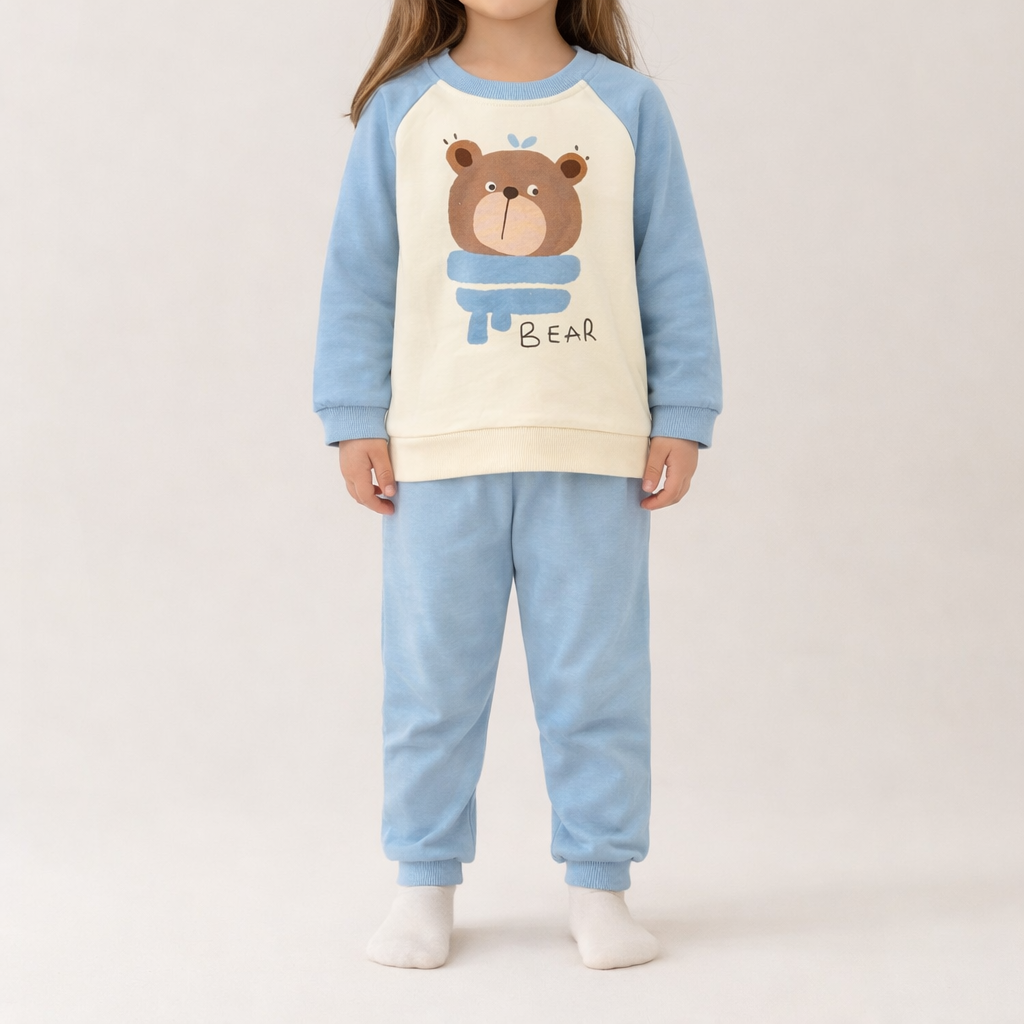 Kids Bear Print Crewneck Sweatshirt – Blue & Cream Raglan Long Sleeve